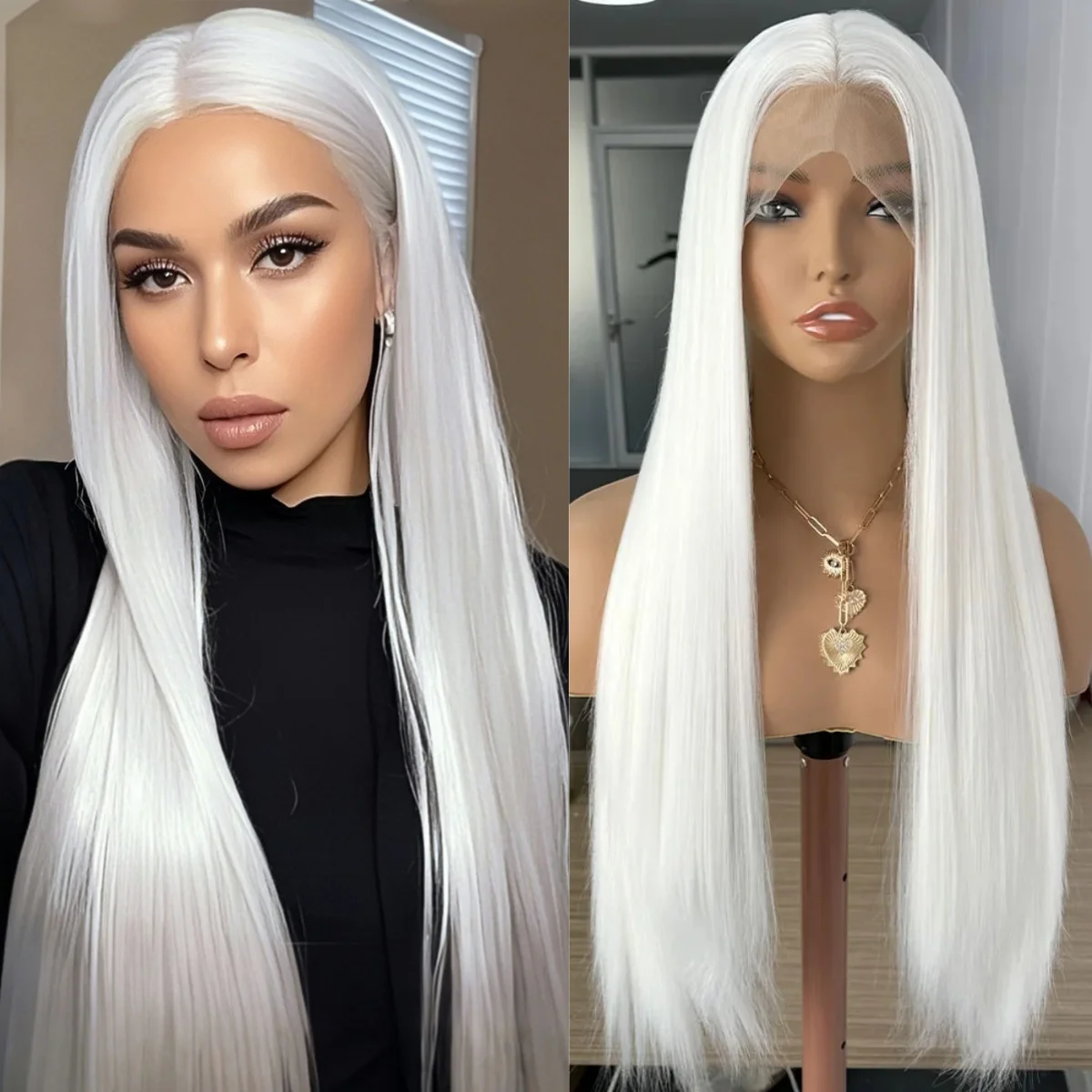 

Platinum White Long Silky Straight Synthetic Lace Front Wigs for Women Ready to Wear Snow White Silver Colored Wig Cosplay Party