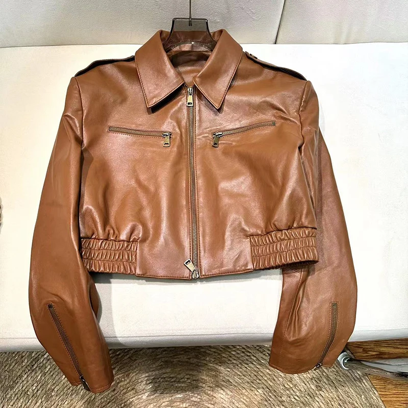 Retro Brown Sheepskin Motorcycle Jacket Women's Genuine Leather Jacket 2026 Spring Fashion Casual Black Short Leather Coats Tops