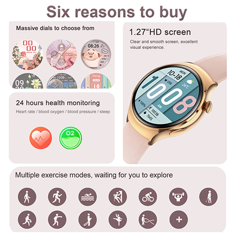 1.27 "ساعة ذكية للنساء نظام تحديد المواقع الرياضة مسار معدل ضربات القلب ضغط الدم NFC بلوتوث دعوة سيدة نساء ساعة ذكية لنظام أندرويد IOS