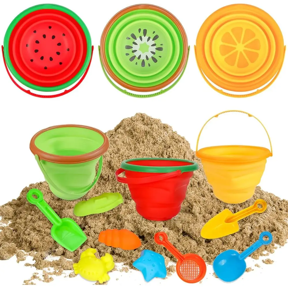 Beach Sand Toys Set for Kids, Silicone Collapsible Beach Bucket, Travel Toys, Summer Outdoor Camping, Fishing Tub with Sand Mold