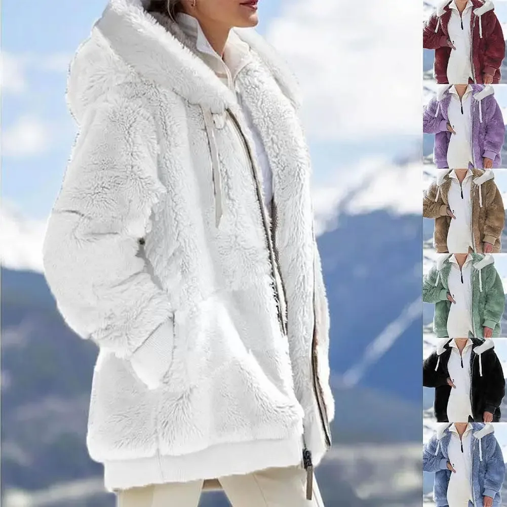 Pull à Capuche en Peluche pour Femme, Manteau Chaud avec Fermeture Éclair, Nouvelle Collection Automne Hiver