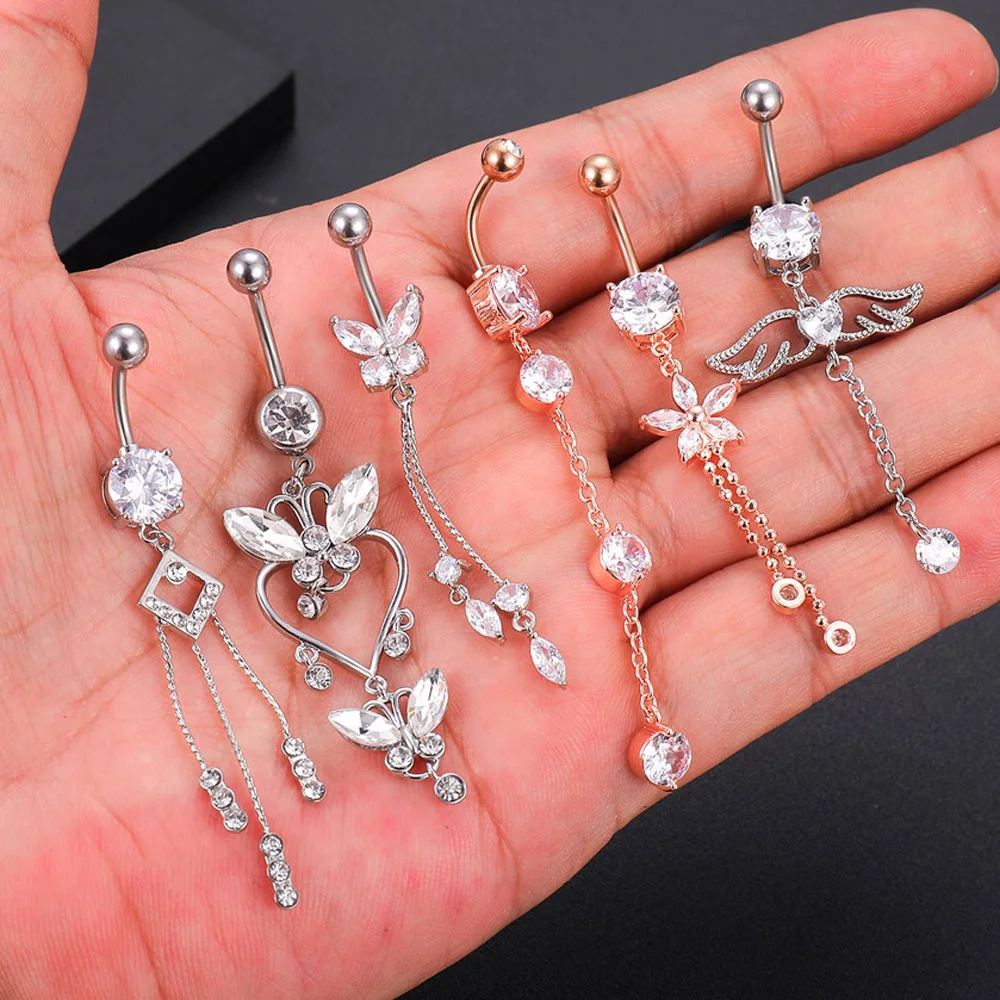 Trendy Angel Belly Button Rings Stainless Steel Zircon Butterfly Navel Piercing Surgical for Women Body Belly Jewelry Pendant