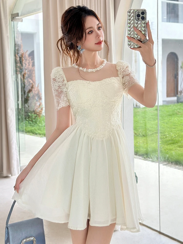 Femmes vêtements soirée dentelle maille florale pure Sexy col rond mince a-ligne robe courte élégante dame fête bal anniversaire robes nouveau