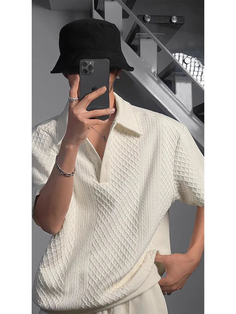 American Retro Waffle  Shirt Men's High-End Loose Short-Sleeve Turn-down Collar T-Shirt Knitted Patchwork Diamond Sweatshirt