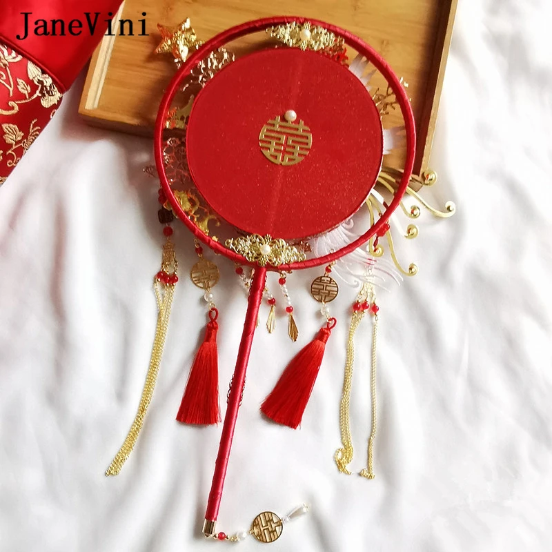 Janevini Luxe Rode Chinese Bridal Hand Boeketten Fan Type Kunstmatige Bloemen Parel Kristal Metalen Ronde Fans Bruiloft Accessoires