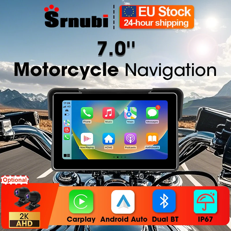 Srnubi Display CarPlay per moto da 7 pollici IP67 Impermeabile antipolvere Wireless CarPlay Android Auto DVR GPS Touch Screen per bici