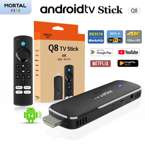 Imagen 1 del producto Versión global Android 14 TV Stick Home Theater Allwinner H313 Mortal Q8 Soporte 4K a 60 fps Wifi6 Bluetooth Control remoto por voz TV en vivo