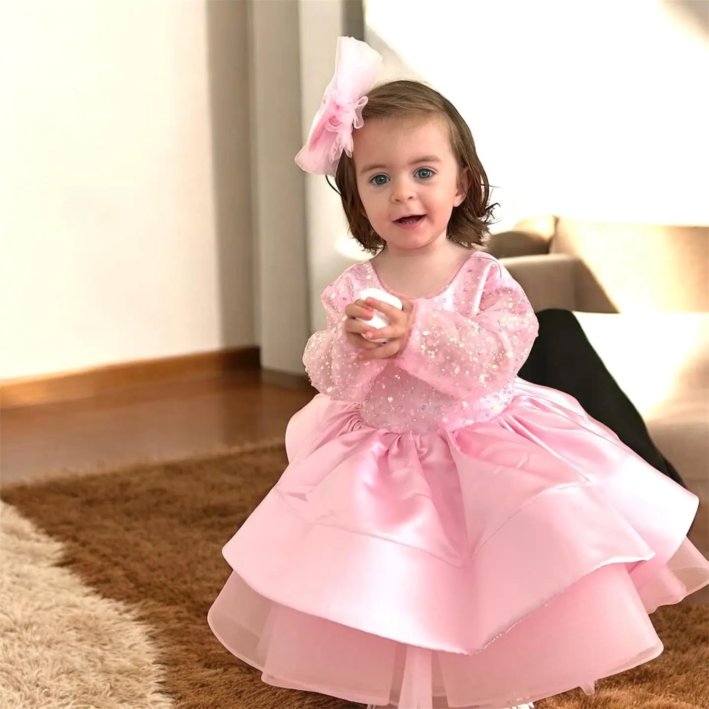 Rosa schönes Blumenmädchenkleid für die Hochzeit, knielang, mit Pailletten, mehrlagig, aus Satin, bauschig, für Babys, Geburtstagsfeier, Ballkleid, individuell gestaltet