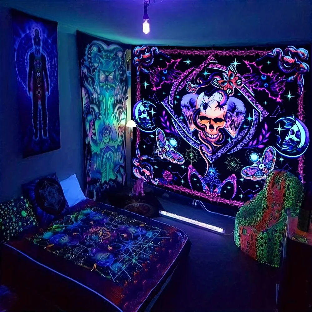 VIKAMA Halloween Dunkle Nacht Psychedelischer Wandteppich Totenkopf Rose Stern Mond Musik Partyzimmer Gothic Stil Raumdekoration