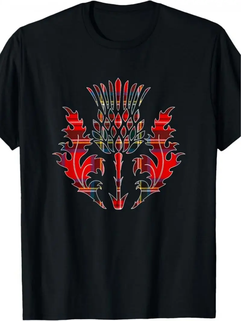 Men's Scottish Tartan Thistle Badge T-Shirt Black With Red & Green Floral Checkered Plaid Design Breathable Round Neck Casual