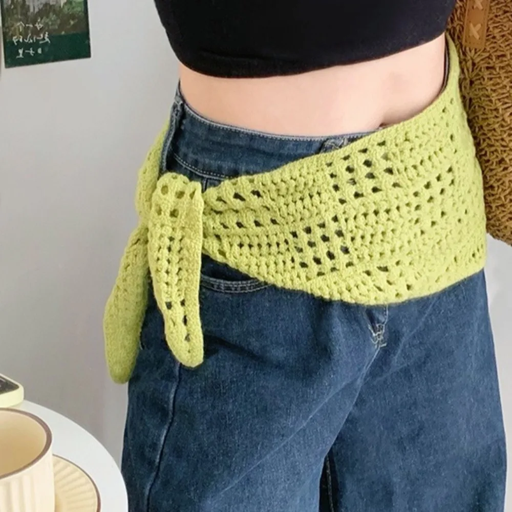 Multifunctional Hollow Knitted Triangle Scarf Y2k Shawl Apron Wrap Headscarf Tie Straps Hip Scarf Female