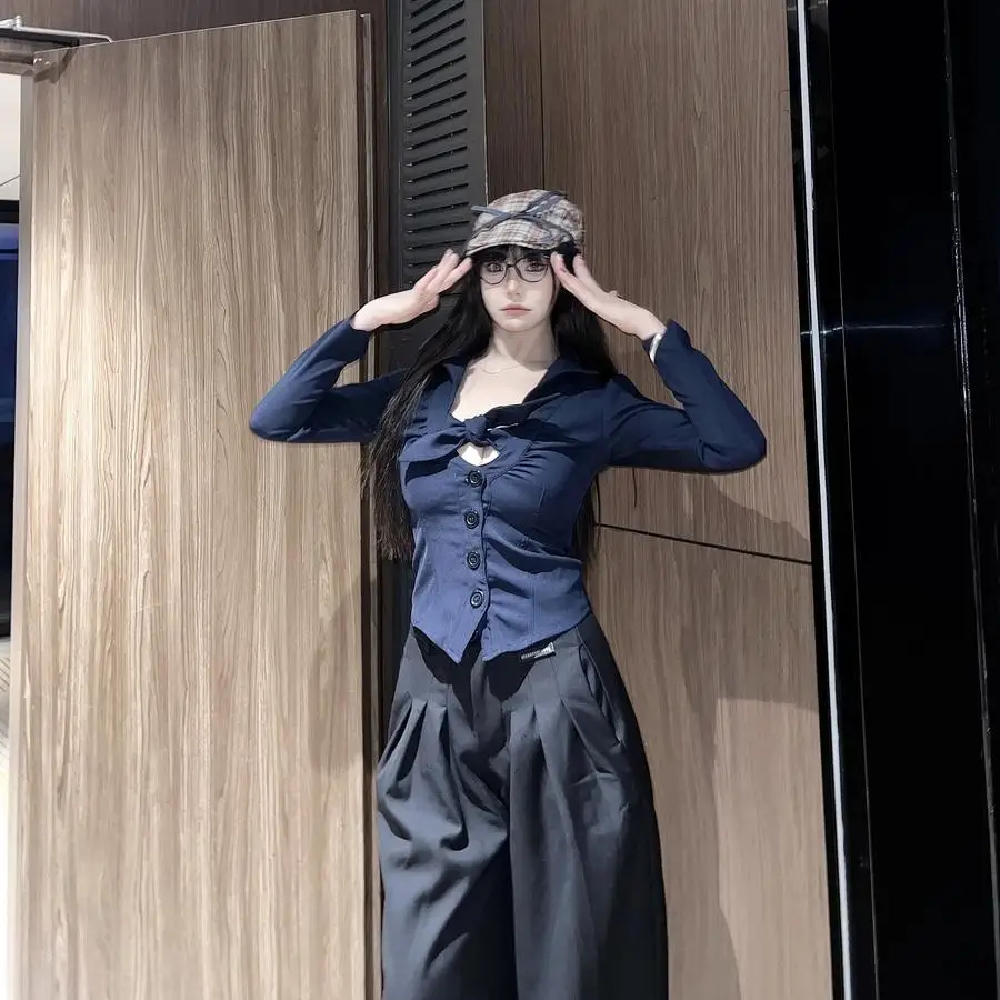 

Сексуальная ретро-блузка с длинными рукавами и глубоким V-образным вырезом, на пуговицах, с вырезами, женская, премиум-класса