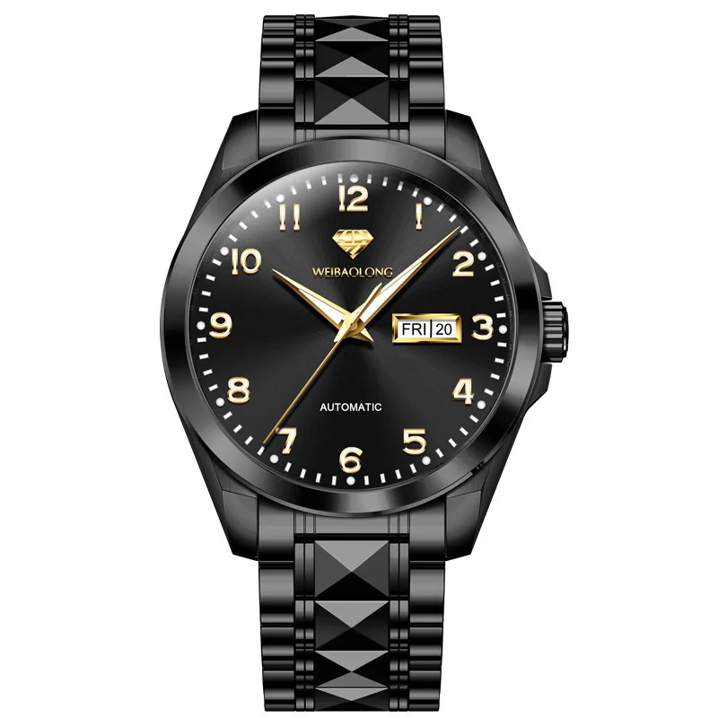 Automatic Mechanical Watch for Men WEIBAOLONG 41mm Day Date Luminous Hands 50m Water Resistant Steel and Tungsten Carbide Band