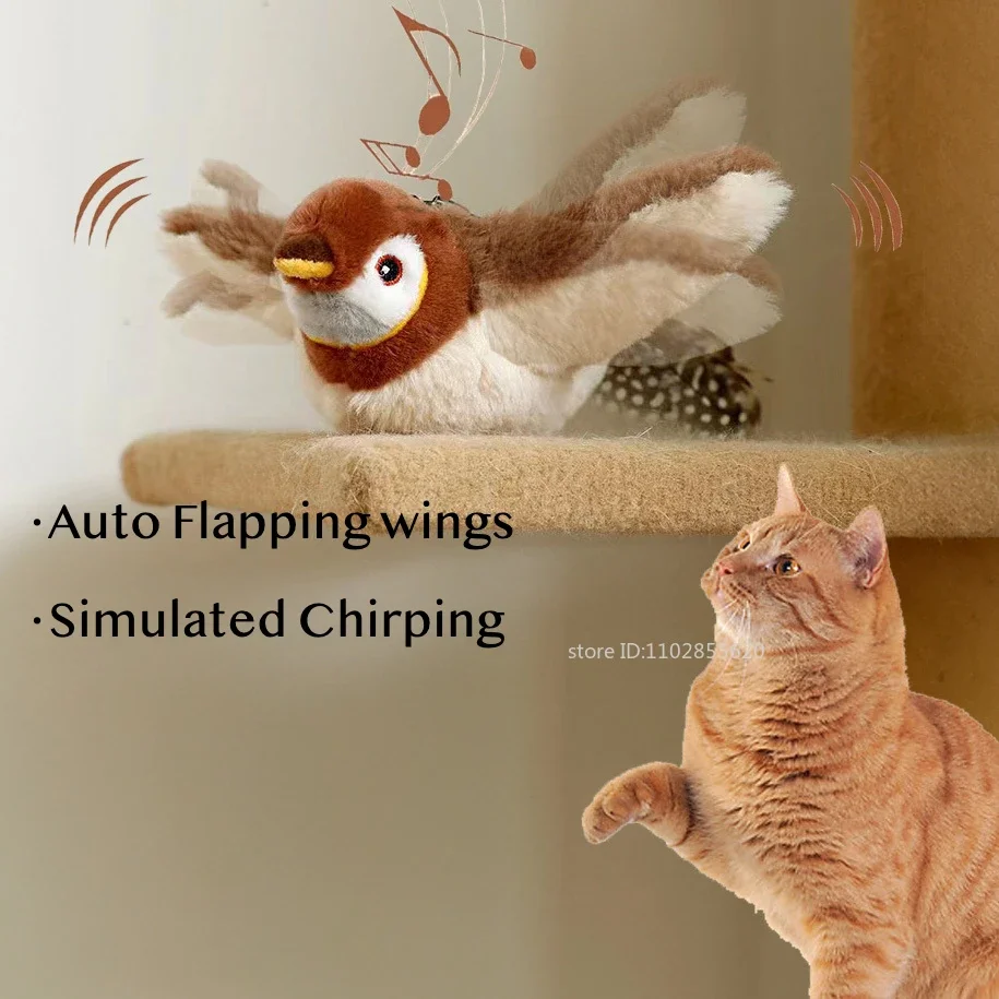 Interactive Cat Toys Electric Chirping Flapping Bird with Catnip Indoor Dogs Cats Touch Activated Squeak Plush Toy for Pet