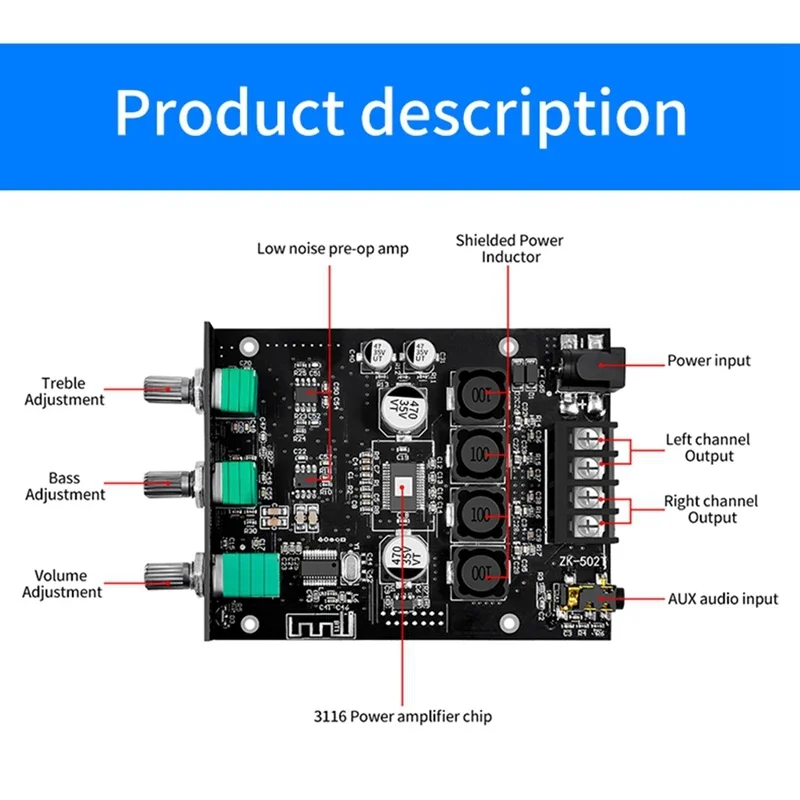 ZK-502T Amplificador De Áudio De Alta Potência, Receptor Bluetooth 5.0, Placa Estéreo, Dual Channel, 2x50W, TPA3116D2