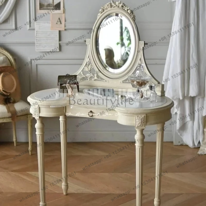 

French solid wood small apartment bedroom dresser American country curved carved retro designer creative makeup table