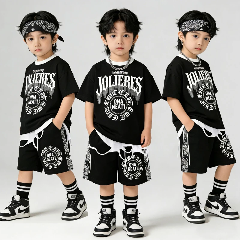 

New Hip Hop Dance Costume for Boys Black T-Shirt Hip Hop Shorts Cool Streetwear Clothes Set Group Jazz Stage Performance Outfit