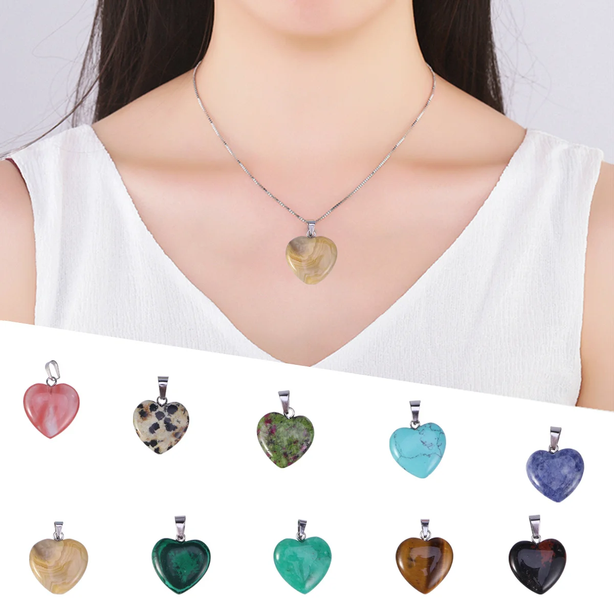 

10Pcs Heart Shape Stone Pendants Natural Healing Charms Multicolor Polished Smooth DIY Crystal Beads Necklace Jewelry Making