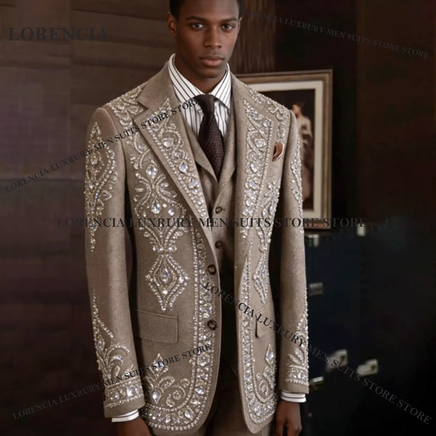 

Customized Rhinestone Crystal Men Suits 2 Pieces Sets Male Party Blazers Luxury Groom Wedding Tuxedos Slim Sequins Costume Homme