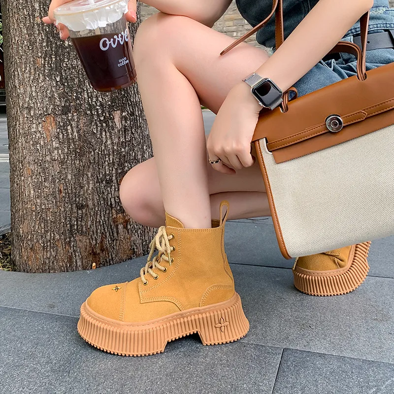 MKKHOU Fashion Short Boots Women New High Quality Suede Round Head Lace up Thick Sole Boots Street Modern Yellow Ankle Boots