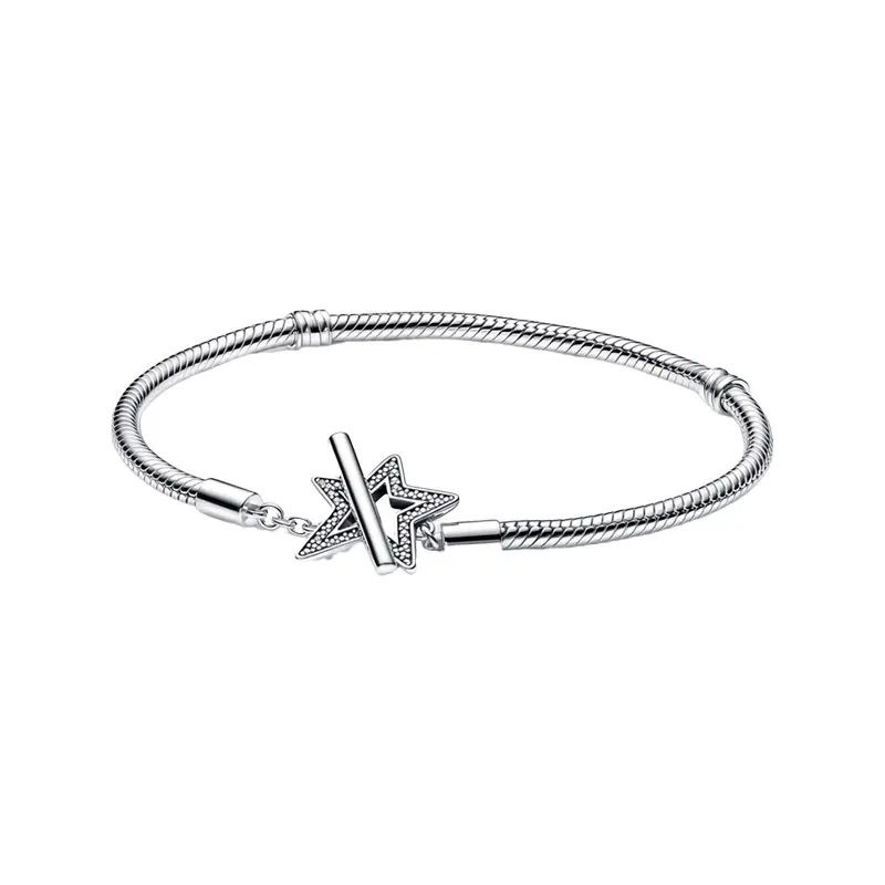 Silver 925 Snake Chain Make A Wish Charm Bracelets For Women Jewelry Pave Setting Clear Zircon Stone Asymmetric Star T Bar Clasp