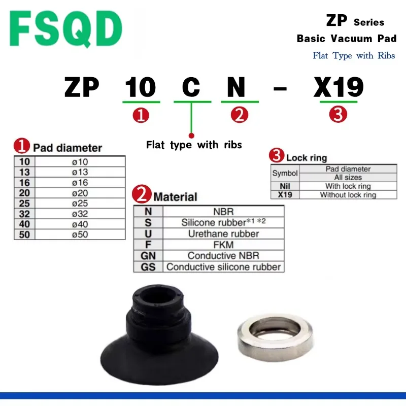 ZP10CN ZP13CN ZP16CN ZP20CN ZP25CN ZP32CN ZP10CS ZP13CS ZP16CS ZP20CS ZP25CS 32 40 50-X19 FSQD Vacuum Suction Cup ZP Series
