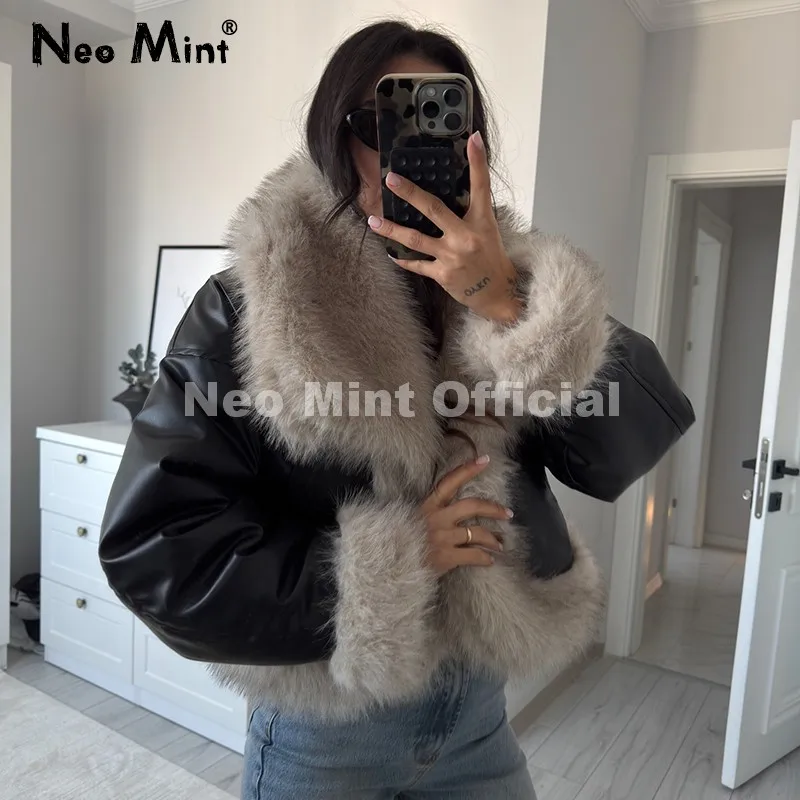 Neo Mint Exclusive Black Faux Leather Fur Cropped Coat Women Winter 2026 Chic Reversible Gradient Fluffy Fox Fur Jacket Overcoat