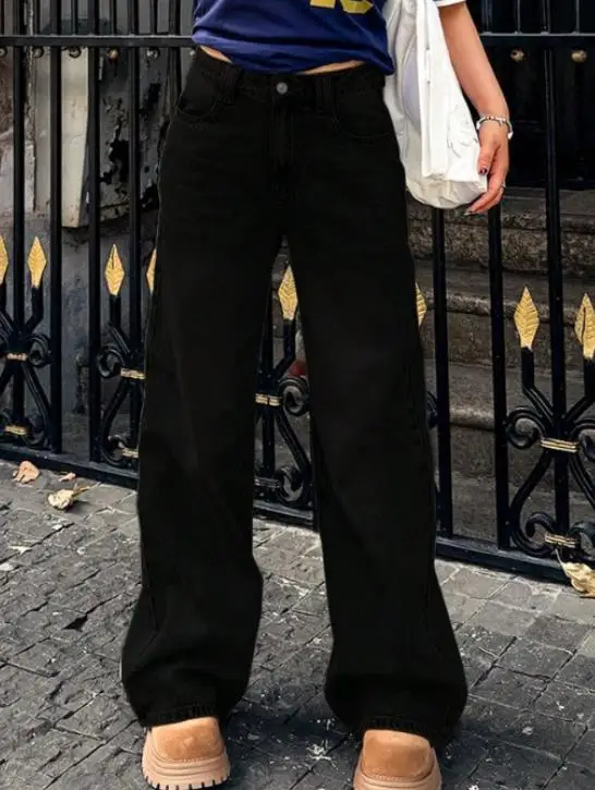 ファッショナブルでミニマルなハイウエストストレートレッグジーンズ、女性用、カジュアルで多用途、クラシックな無地スリムフィットジーンズ