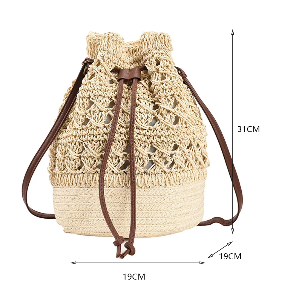 Handmade Women\'s Backpack Summer Straw Beach Bag Woven Hollow Drawstring Shoulder Bags Bohemian Knitted Fashion Female Backpacks