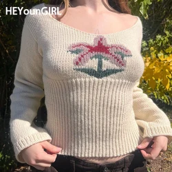 HEYounGIRL Winter Y2K Graphic Print Girl Sweater Crop Top Kawaii Sweet Slim Fit Full Sleeve Pullovers Knitwear Street Outfits