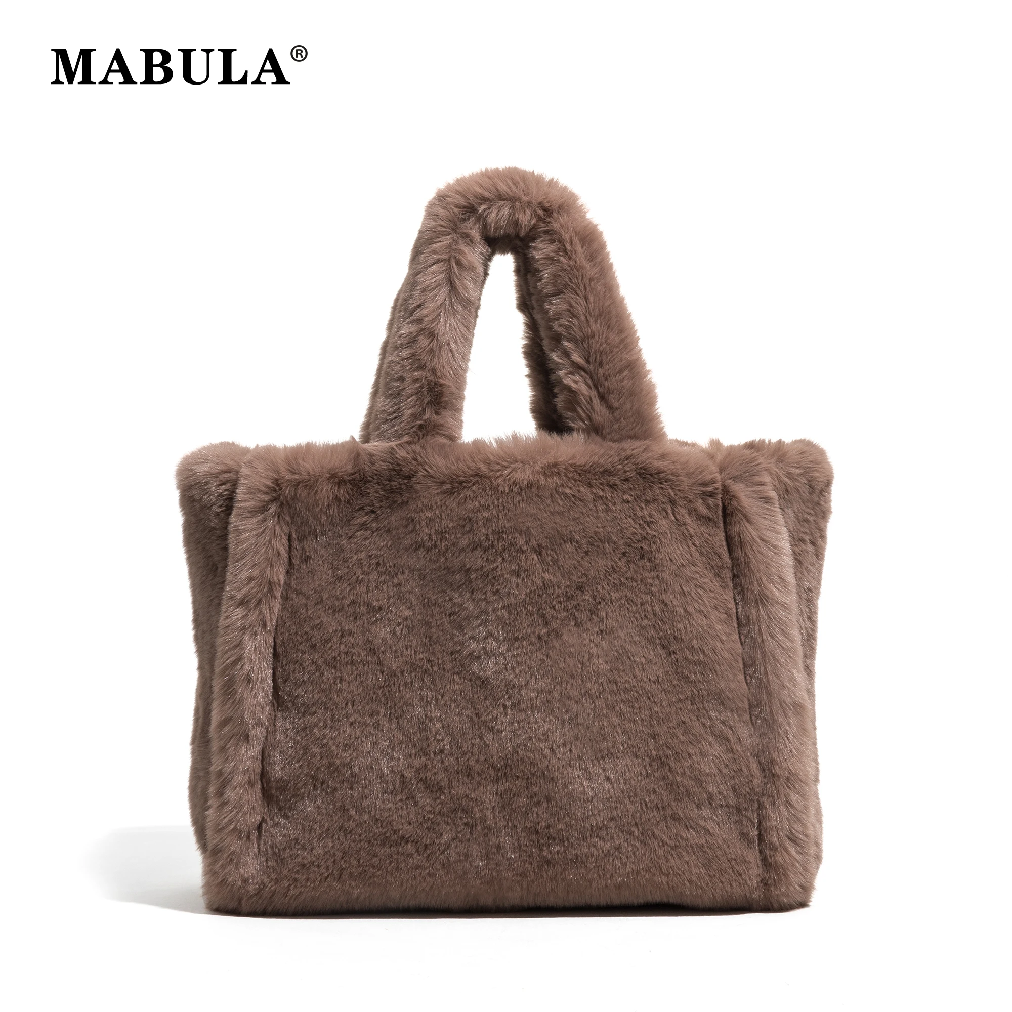 

MABULA Dopamine Color Plush Faux Fur Square Tote Handbag Winter Ladies Commuter Bag Stylish Simple Large Capacity Shopping Purse