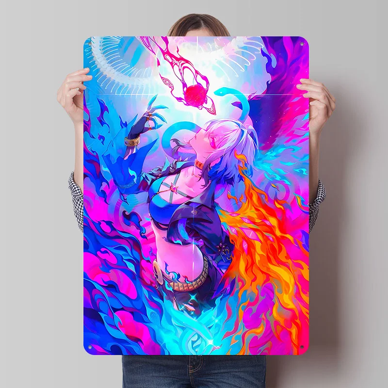 Anime Character With Fiery and Icy Printing Poster Customized Retro Wall Art Vintage Metal Signs for Mancave Bathroom Decor Home