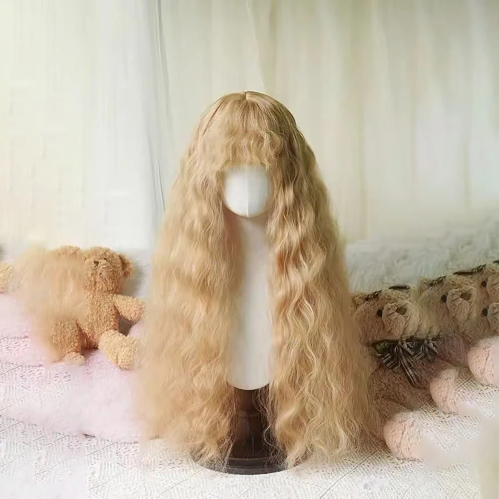 شعر صناعي مجعد صغير مموج 80 سم مع غرة، رقيق بشكل طبيعي، مناسب للحفلات اليومية للنساء، شعر مستعار لوليتا