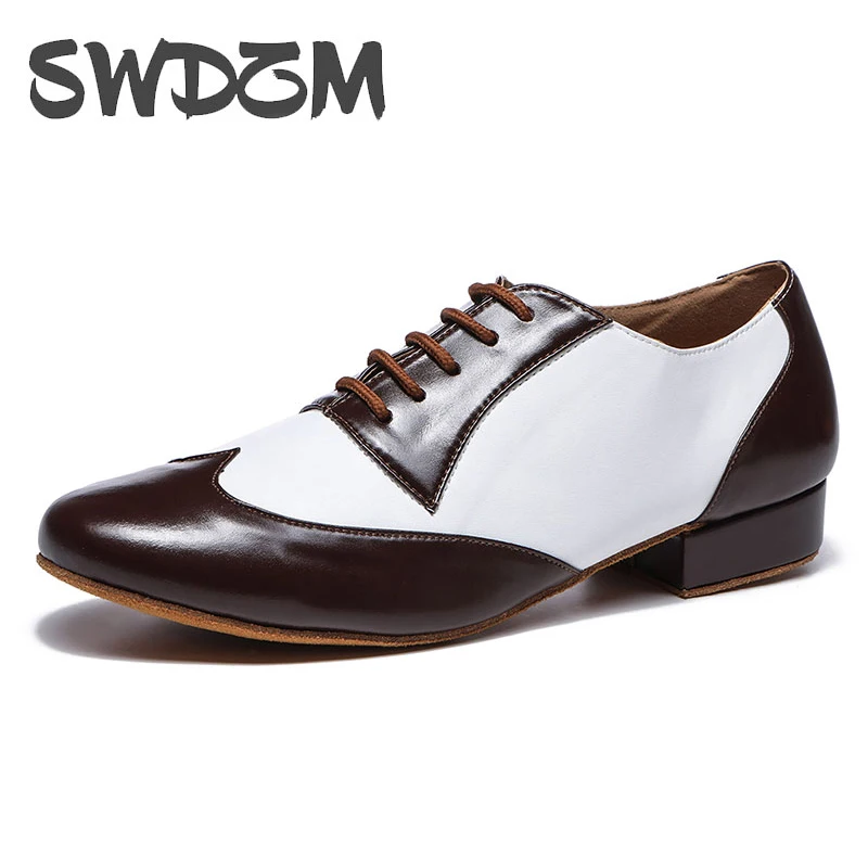 Swdzm sapatos de dança de couro genuíno dos homens meninos sapatos de dança latina para homens festa sapatos de dança de salão tango masculino interior branco + marrom