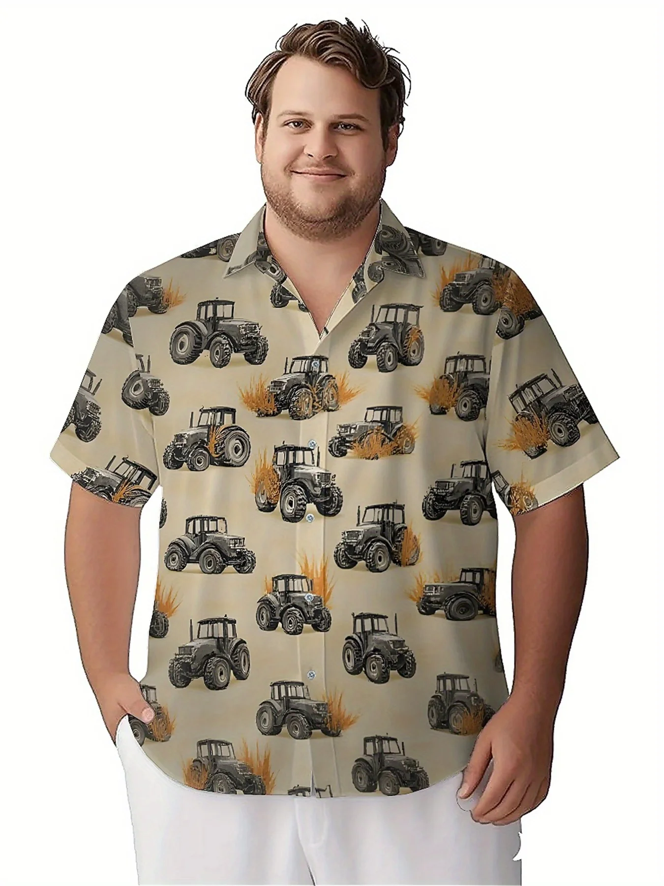 Heren plus size Hawaiiaanse shirts patroon landelijke landbouwmachines, button-up shirts, unisex casual kleding, zomertops