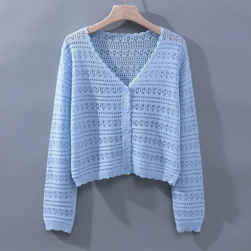 2024 New Hollow-out ice Silk Cardigan Women\'s Spring Summer Short Loose Sweater Coat Ladies Casual Single breasted Knitwear Tops