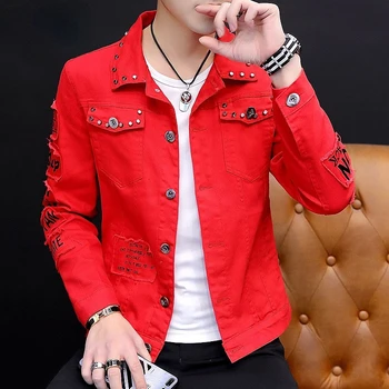 Mens Jacket Lapel Solid Rivet Denim Jacket korean fashion Casual Tight Coat Short Homme Varsity Jacket High-quality Men Clothing 4