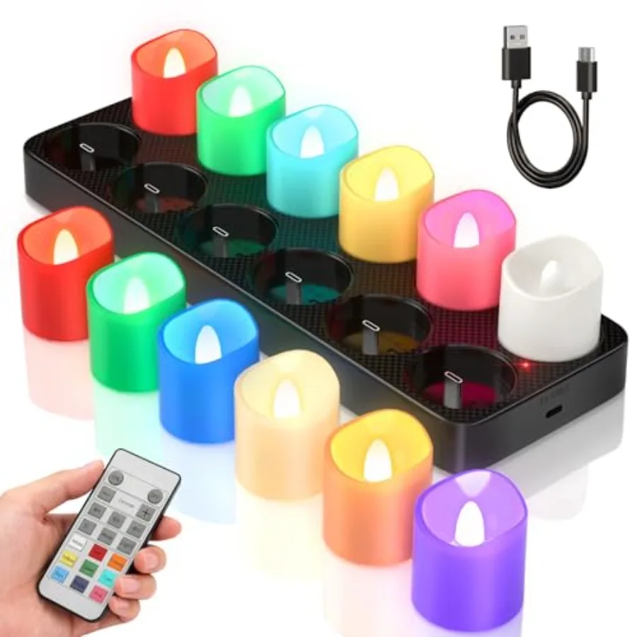 

Беспламенные светодиодные свечи с изменением цвета, перезаряжаемые, 12 шт., мерцающие чайные свечи-вотивы с зарядной базой и пультом ДУ, таймером