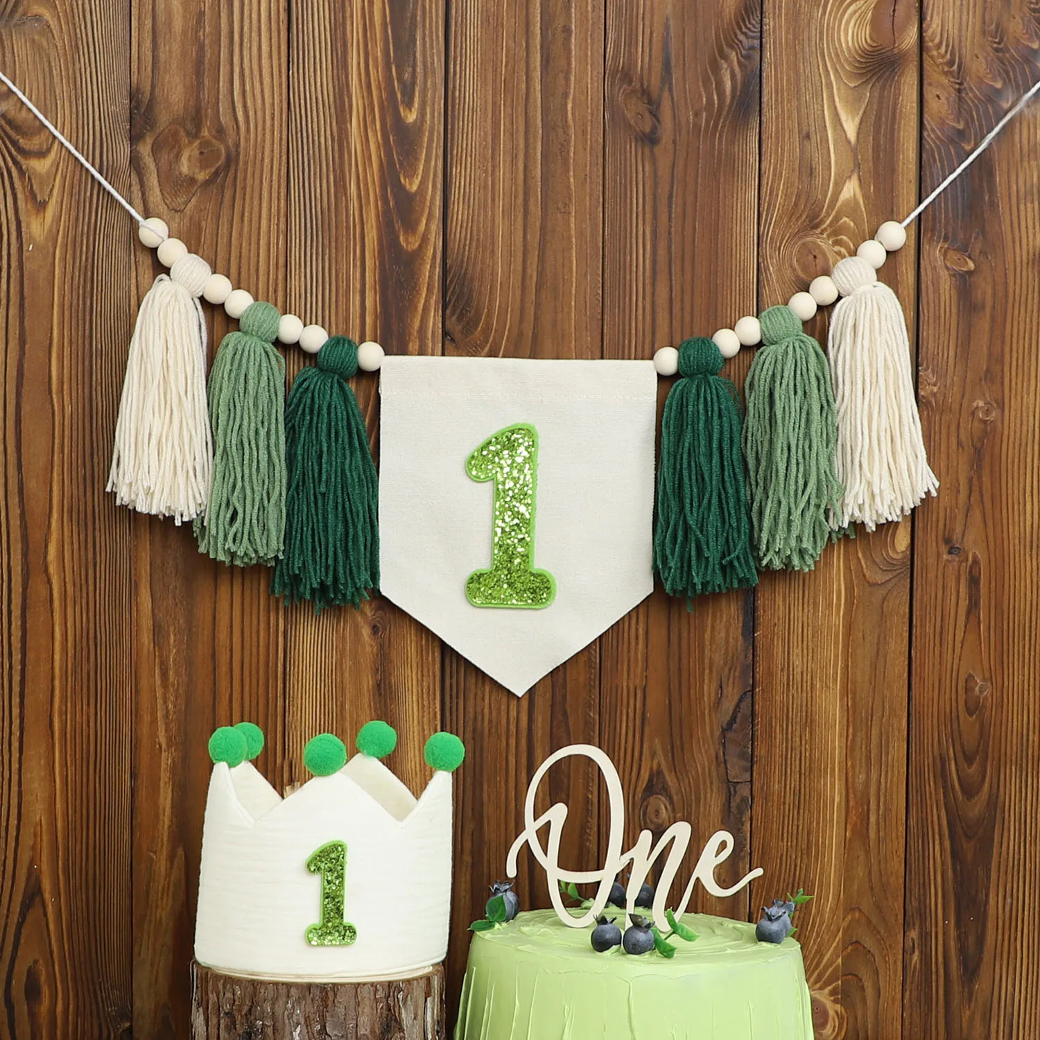 1st Birthday High Chair Banner Baby Birthday Party Green Handmade Wooden Bead Tassel Decoration Photographic Prop Holiday party