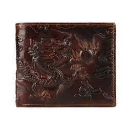 Short Wallets for Men Vintage Embossing 3D Dragon Genuine Leather Bifold Slim Card Holder Money Clip Wallet Purse with ID Window