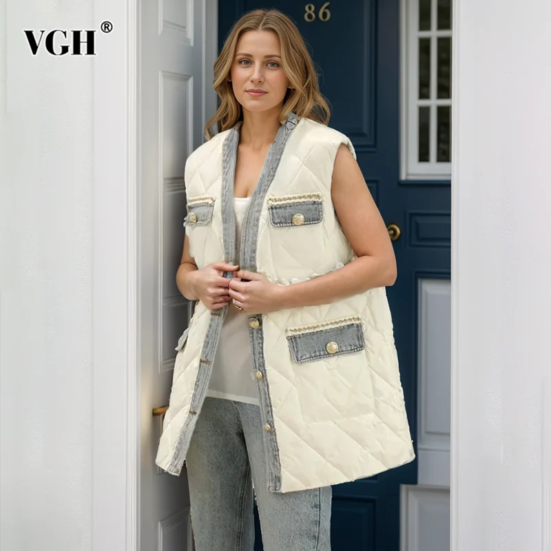 

VGH Casual Patchwork Denim Waistcoat For Women V Neck Sleeveless Patchwork Single Breasted Hit Color Vintage Winter Coats Female