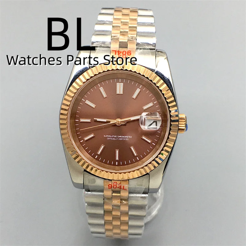 BLIGER 36mm/39mm Two Tone Rose Gold Mechanical Watch For Men NH35 Movement Sapphire Glass Brown Dial Rose Index Green Luminous