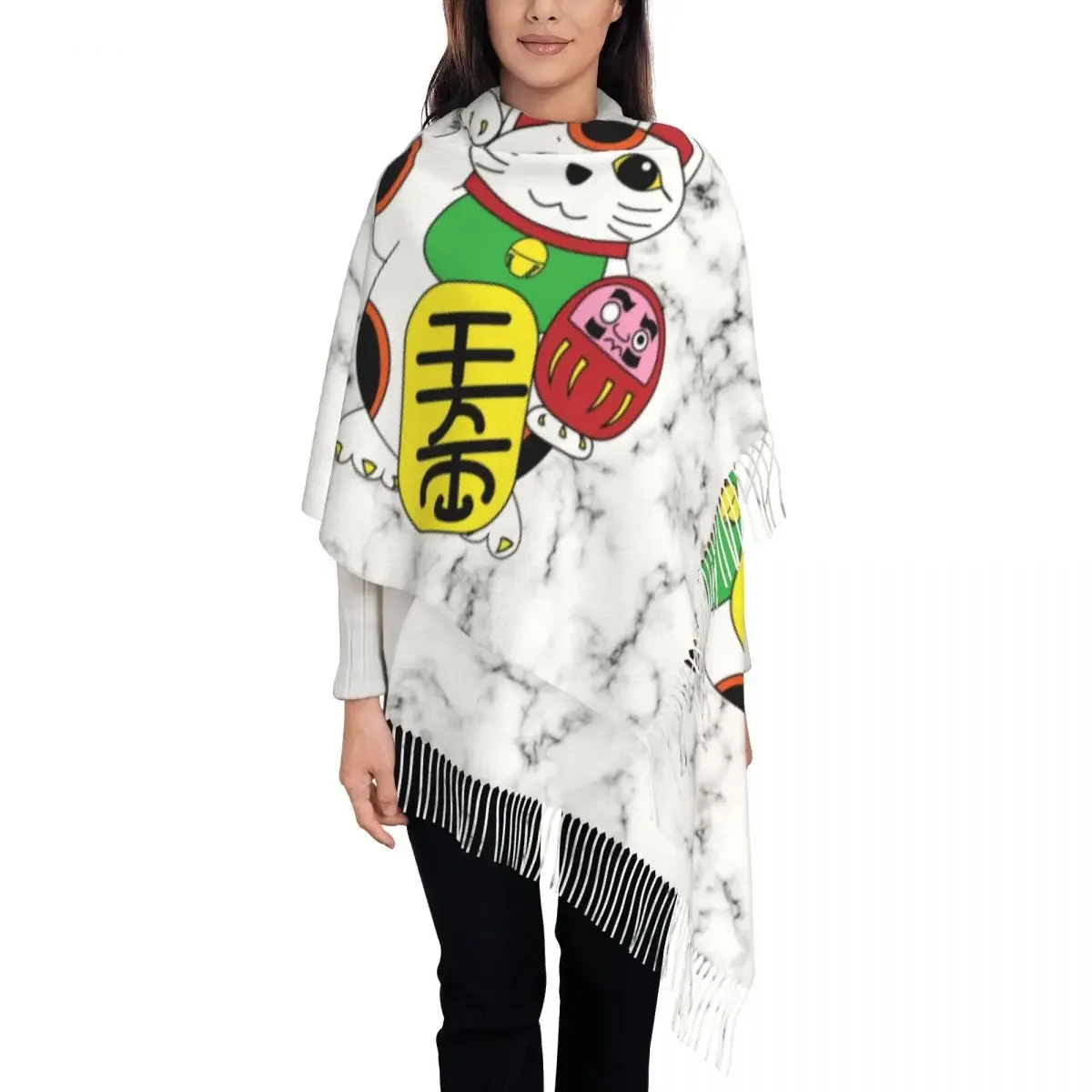 Maneki Neko Marble Scarf Wrap Women Long Winter Fall Warm Tassel Shawl Unisex Lucky Cat Scarves