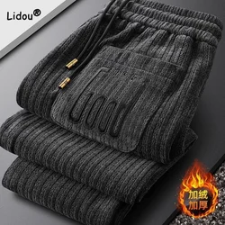 Pantalones de terciopelo grueso para hombre, ropa cálida y ajustada de cintura media con cordón, Color sólido, otoño e invierno, 2024