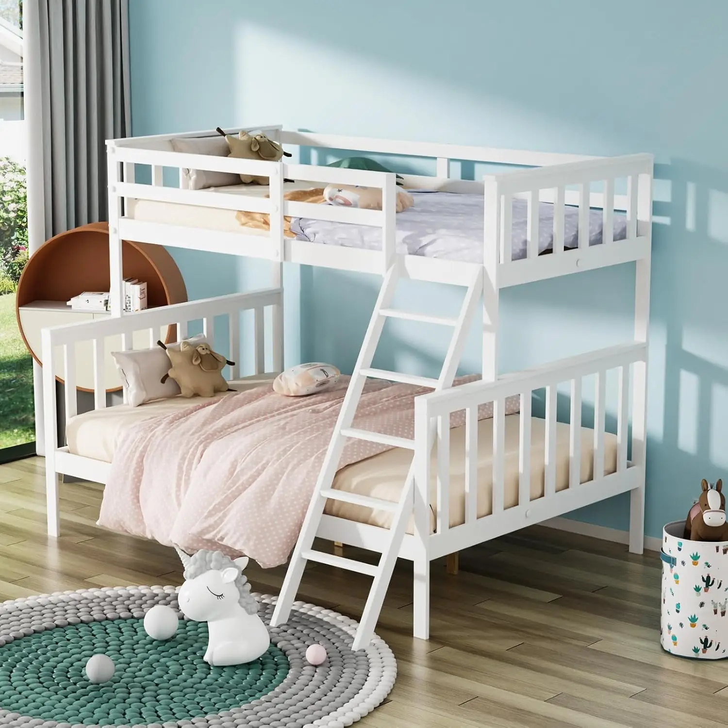 Twin Over Full Bunk Bed, Solid Wood Frame with Ladder & Guard Rail, Space-Saving for Kids Teens (Mattress Not Included)