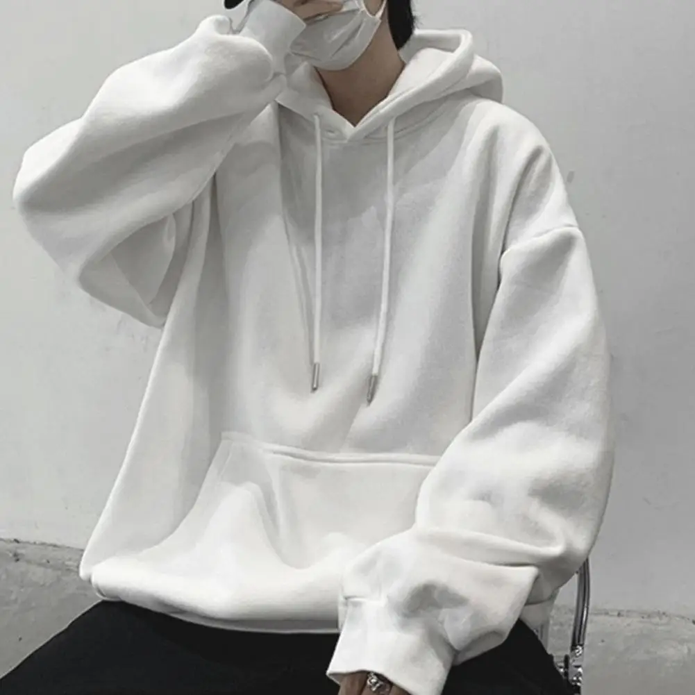 Men Fall Winter Hoodie Drawstring Pure Color Elastic Cuff Thick Plus Size Big Patch Pocket Hooded Loose Warm Sport Couple Top