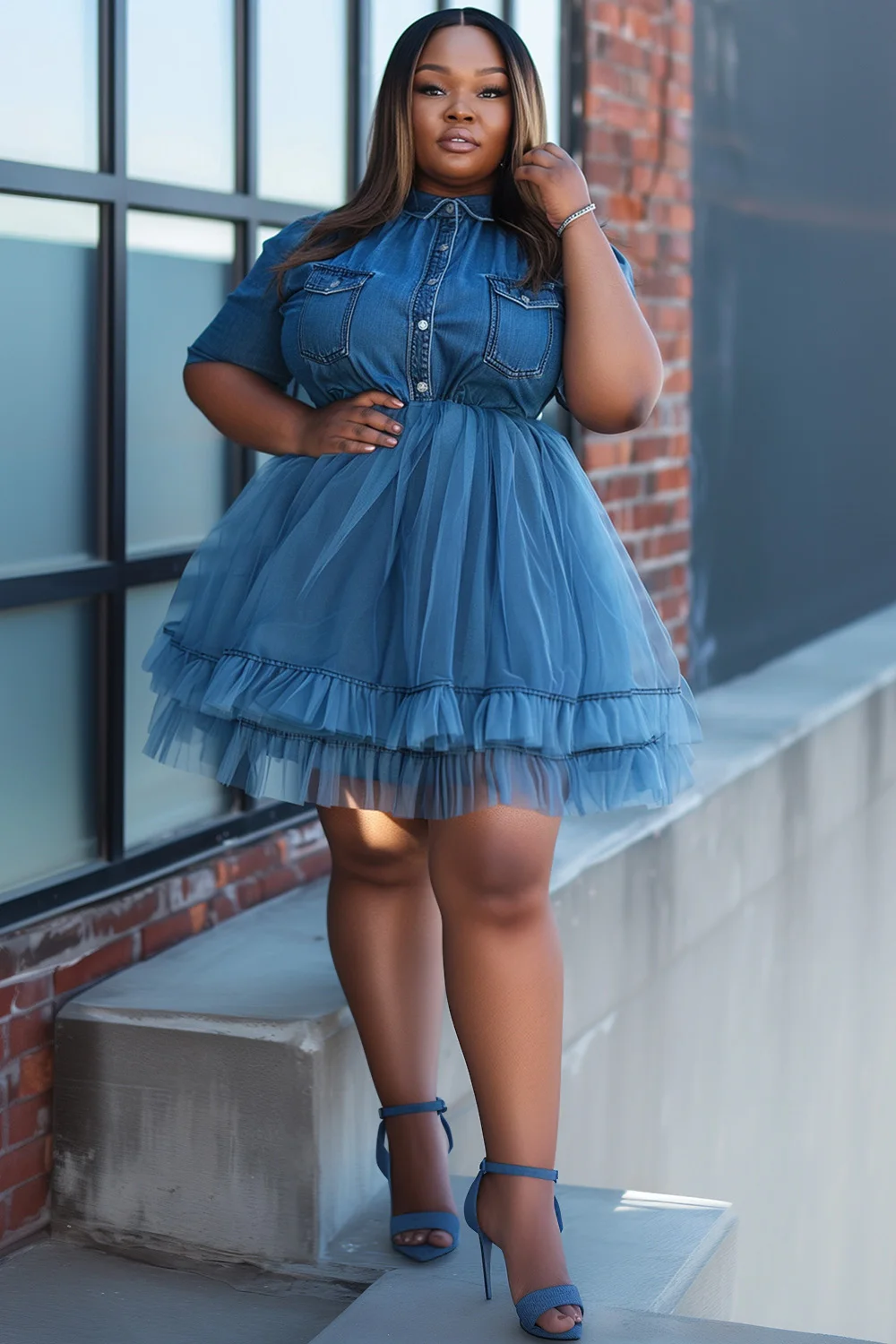 Plus Size Daily Blue Shirt Collar Short Sleeve See Through Tencel Denim Tulle Mini Dresses