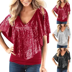 Fashion Sequin Party Shirt Women Sexy Shawl Sleeveless Casual Streetwear Blouse Elegant Ldaies Loose Tops Camisa de las señoras