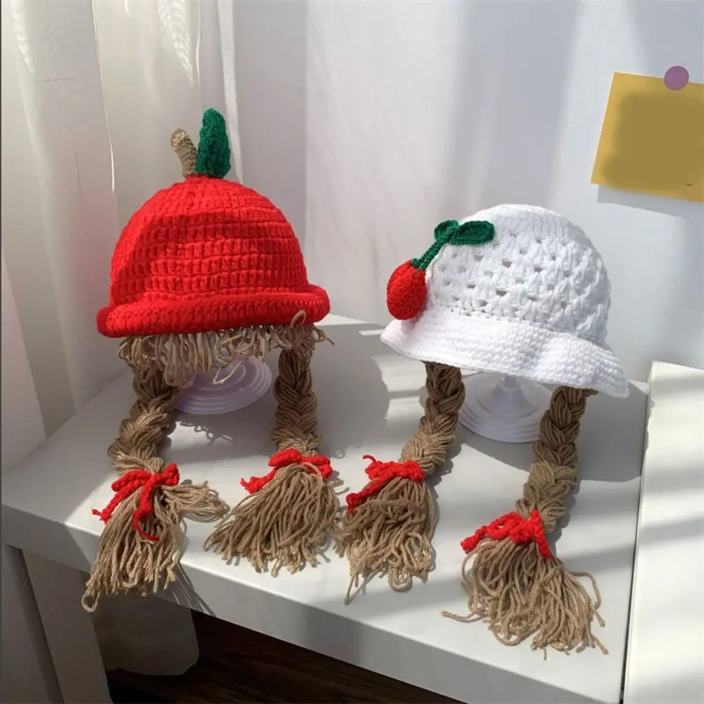 

Fashion Cartoon Wig Knitted Hat Cherry Bow Baby Beanie Cap Wool Korean Style Kids Warm Hats Toddler