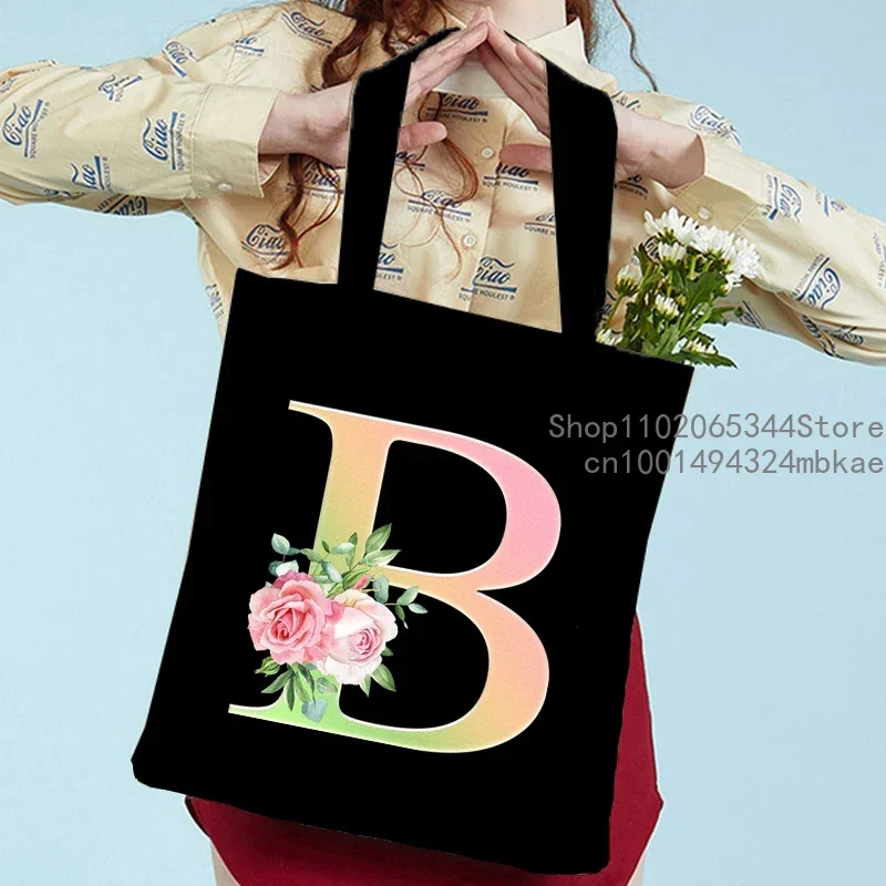 Pink Green Letter Handbag Lady Rose Alphabet Shoulder Bag Student Outdoor Beach Canvas Tote Bag Girl Foldable Shopping Bag Black